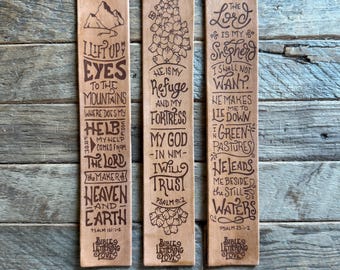 Set of 3 Engraved Leather Bookmarks Featuring Handlettered Bible Verses