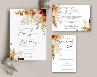 Terracotta Boho Flower Wedding Invitation Template Set, Ensemble de faire-part de mariage imprimable, Ensemble de faire-part de mariage électronique, Templett