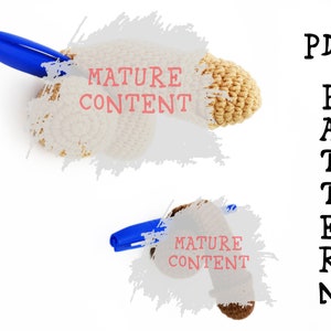 May include: A crochet pattern for a crocheted object. The pattern is labeled "Mature Content" and is available as a PDF download. The pattern is shown with a blue pen.
