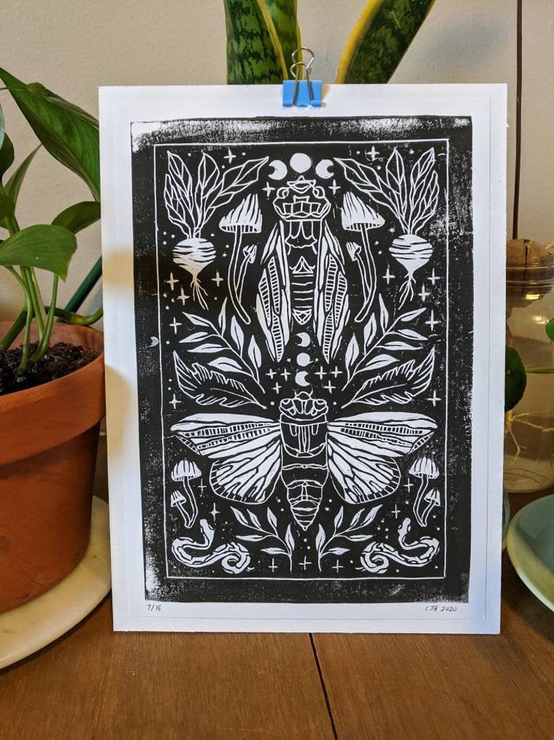 Hand Carved Rubber Stamp Print Witch core Cottagecore Hand Printed Witchy Cicada Linocut Block Print Goblincore Print