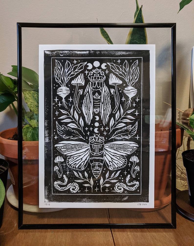Hand Carved Rubber Stamp Print Witch core Cottagecore Hand Printed Witchy Cicada Linocut Block Print Goblincore Print