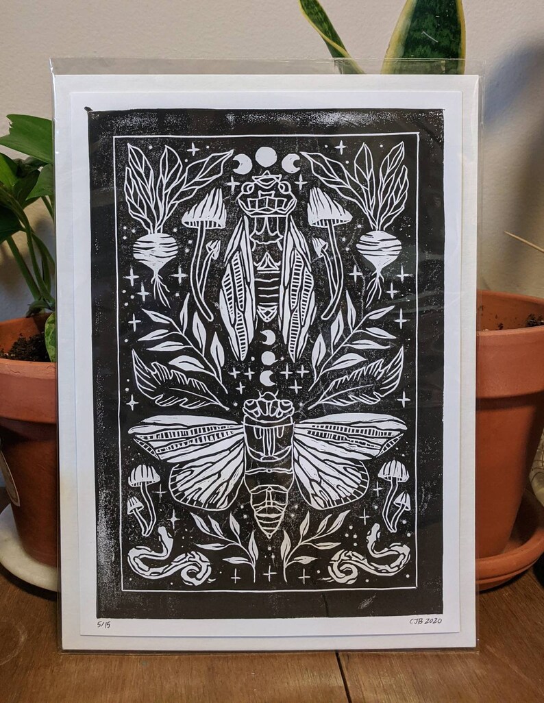Hand Carved Rubber Stamp Print Witch core Cottagecore Hand Printed Witchy Cicada Linocut Block Print Goblincore Print