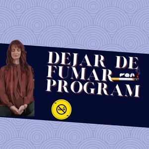 Könnte beinhalten: Eine Frau sitzt mit geschlossenen Augen und meditiert. Der Text "DEJAR DE FUMAR PROGRAM" steht in weißen Buchstaben auf einem dunkelblauen Hintergrund. Ein gelber Kreis mit einem Rauchverbotssymbol befindet sich in der unteren rechten Ecke.