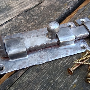 Slide Bolt Door Latch, Hand Forged Cabinet Catch Barn Gate Shed Lock Rustic Antique Furniture Wrought Iron Decor Cupboard Finger Black Metal