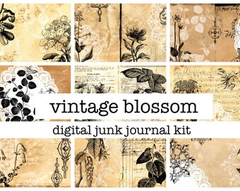 VINTAGE BLOSSOM junk journal kit with 9 digital printable pages and 3 ephemera pages in US Letter size
