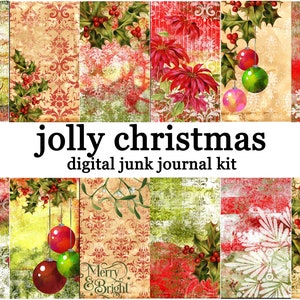 JOLLY CHRISTMAS junk journal kit with 12 digital printable pages and 4 ephemera sheets in A4 size