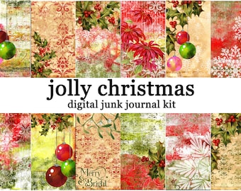 JOLLY CHRISTMAS junk journal kit with 12 digital printable pages and 4 ephemera sheets in A4 size
