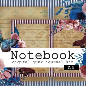 NOTEBOOK junk journal kit with 5 digital printable pages and 3 ephemera pages in A4 size