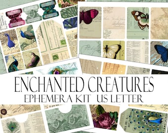 ENCHANTED CREATURES digital ephemera kit for junk journals etc with 4 sheets in US letter size