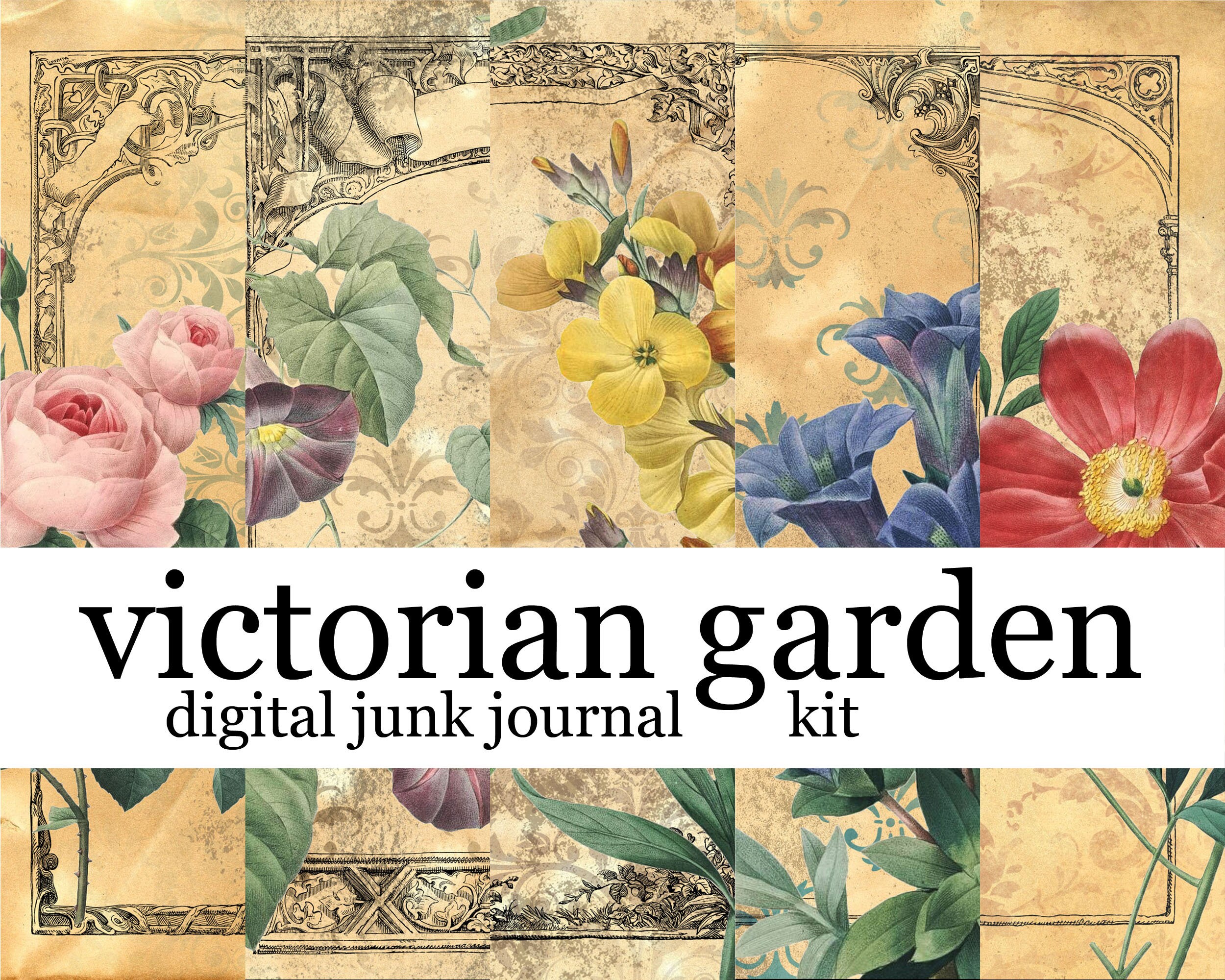 VICTORIAN GARDEN junk journal kit with 6 digital printable pages and 5 ephemera pages in US letter size
