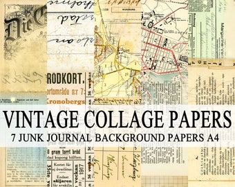 VINTAGE COLLAGE PAPERS 7 junk journal background digital printable papers in A4 letter size for art journaling and mixed media art