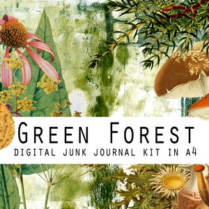 GREEN FOREST digital junk journal kit with 5 design pages, 3 background pages and 5 ephemera pages in A4 size