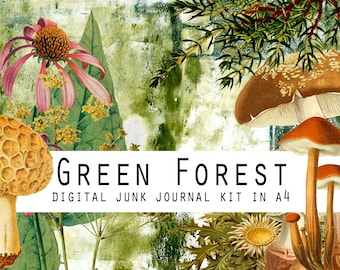 GREEN FOREST digital junk journal kit with 5 design pages, 3 background pages and 5 ephemera pages in A4 size
