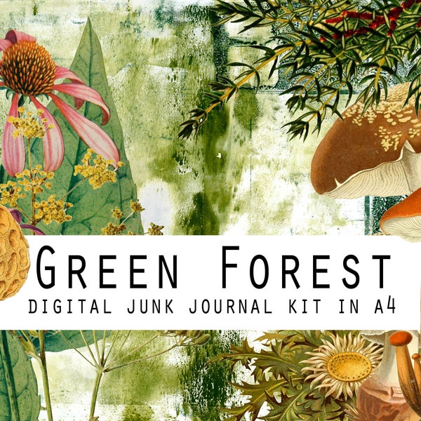 Kit de diario basura digital GREEN FOREST con 5 páginas de diseño, 3 páginas de fondo y 5 páginas de efemérides en tamaño A4