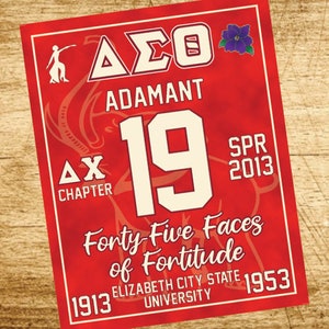 May include: Red and white fraternity poster with the letters "ΔΣΘ" and the words "Adamant", "AX Chapter", "19", "SPR 2013", "Forty-Five Faces of Fortitude", "1913 Elizabeth City State University 1953".