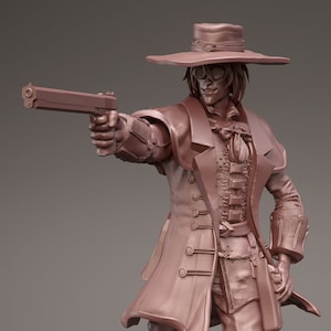 Puede incluir: Escultura monocromática de una figura con abrigo largo y sombrero, sosteniendo una pistola. La figura lleva un atuendo detallado con botones, cuello con volantes y botas. La escultura está sobre un fondo gris.