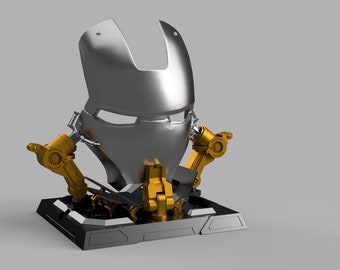 May include: A silver Iron Man mask on a black and gold stand with mechanical arms.