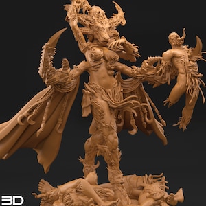 May include: A detailed, tan-colored sculpture of a mythical figure with a goat-like head, holding a sword and a curved blade. The figure is adorned with intricate details and stands over fallen figures. The sculpture has a dark background.