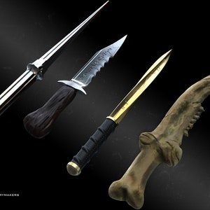 Puede incluir: Cuatro cuchillos de fantasía con diseños únicos sobre un fondo oscuro. Incluyen una daga plateada, una hoja dentada con mango oscuro, un cuchillo con hoja dorada y empuñadura negra, y un cuchillo con forma de hueso.