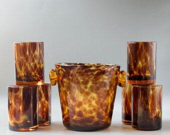 Ice Bucket and Glasses in Tortoise Shell Pattern, Design Vintage 1970s