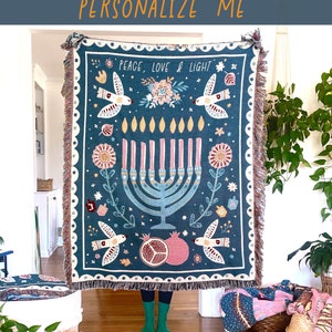 Jewish Heritage Decor Modern Jewish Art Hanukkah Throw Blanket Jewish Eclectic Home Blessing Gift Personalized Jewish Gift