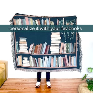 Book Lover Throw Blanket Bookish Woven Tapestry Personalized Gift For Readers Personalized Gift Bookshelf And Plants Decor (Dark Navy)