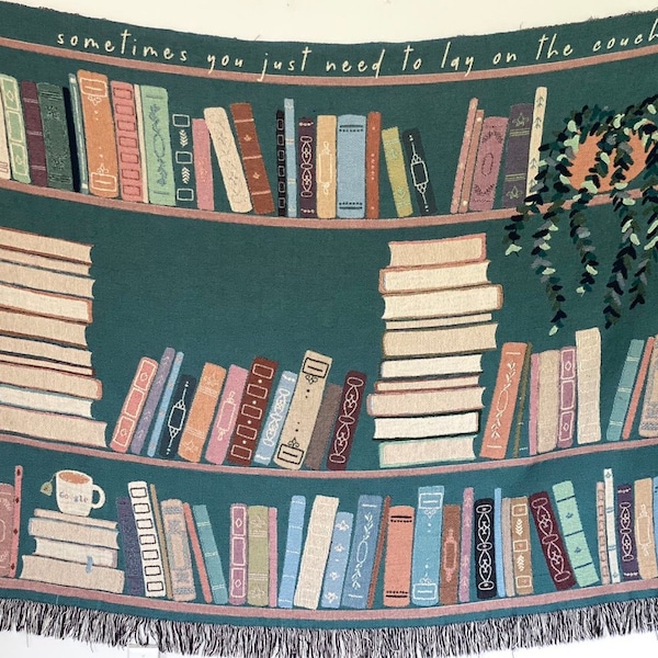 Book Lover Throw Blanket Bookish Woven Tapestry Personalized Gift For Readers Personalized Gift Bookshelf and Plants Decor