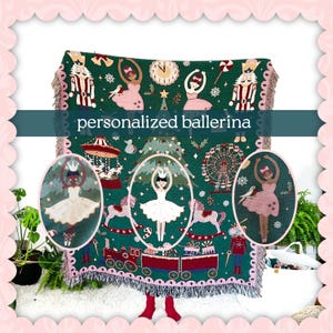 May include: A green, pink, and white woven throw blanket with a Christmas theme. The blanket features a ballerina, a carousel, a Christmas tree, a nutcracker, and a rocking horse. The blanket has a fringe border.