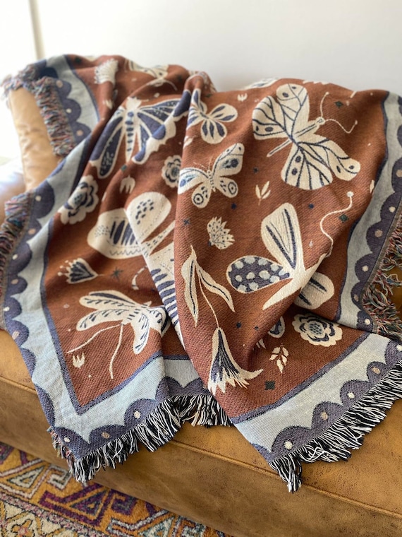 Butterflies and Moths Blanket, Modern Farmhouse Decor, Insect Tapestry Aesthetic Personalized Picnic Blanket, Book Nook Blanket, Hygge Decor
