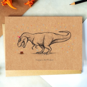Dinosaur Birthday Card | Jurassic Greetings Card Tiny Cake Huge T-Rex A5