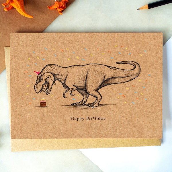 Dinosaur Birthday Card | Jurassic Greetings Card Tiny Cake Huge T-Rex A5