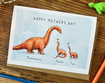 Personalised Dinosaur Mothers Day Card | Baby Apatosaurus and Mummy Card A5