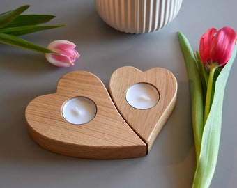 Tea candle holder in heart shape, oak "Pair of hearts"