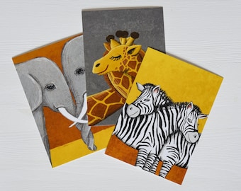 Set of postcards Animals Africa Zebra Elephant Giraffe