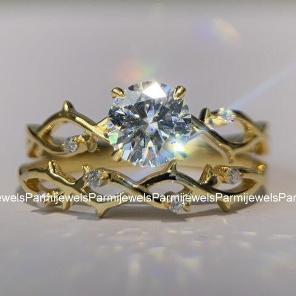 1 CT Vintage Moissanite Engagement Ring Set,Round cut Moissanite ring,Diamond ring,Yellow Gold Bridal ring,Twisted Wedding band,Unique ring