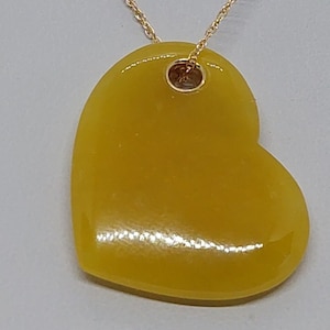 Yellow Jade Heart Pendant: 14k Solid Gold Necklace, 18 Inch Chain
