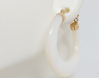 Mother of Pearl Clip on Hoop Earrings in 14K Yellow Gold. Pearl 14k Yellow Gold Hoop Earring.