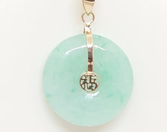 GREEN Jade Mini Donut 24X24mm Luck "Fu" 14K Yellow Gold Translucent Pendant. Green Jade 14k Charm/Pendants 18" ROPE Chain. Green Jade LOVER