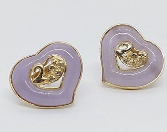 Lavender Jade Heart Earrings and Pendant Set: 14k Yellow Gold