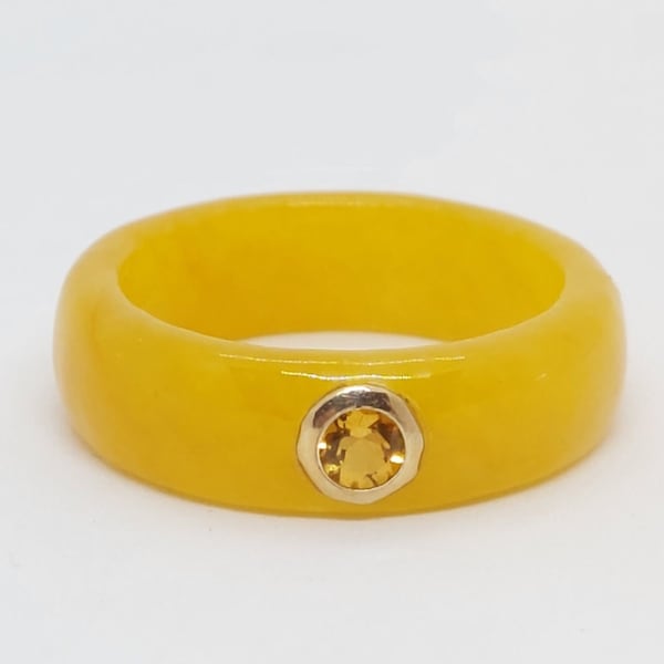 YELLOW Jade Round Faceted Citrine 14k Yellow Gold Ring, Jade Ring, solid statement Ring for him or her Ring gemstone. Yellow Jade Gold Ring.