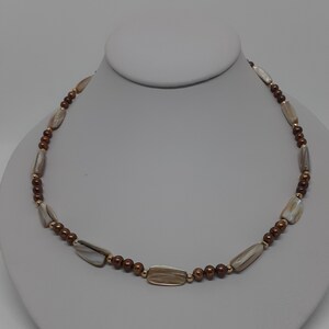 Freshwater  bronze pearl and biwa shape  with gold beads 18 inches 14k filigree clasp Necklace. Pearl Necklace 14k Filigree clasp.