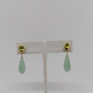 Green Jade Peridot Drop Earrings: 14k Yellow Gold, Faceted Gemstone