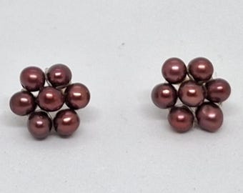 Burgundy Pearl Flower Stud Earrings, 14k Yellow Gold