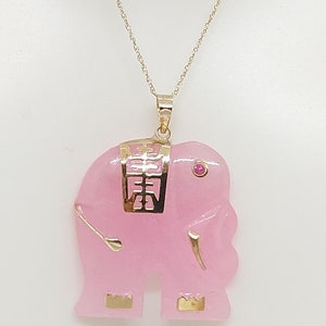 14K Yellow Gold Pink Jade Elephant Pendant Necklace with Ruby Eye