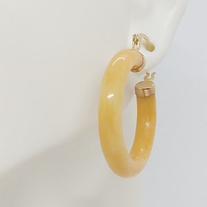 YELLOW Jade Hoop Earrings in 14K Yellow Gold. 28 millimeters Yellow Jade 14k Yellow Gold Hoop Earring.