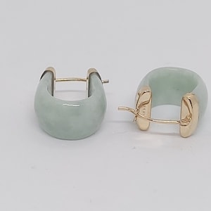 14k Yellow Gold Green Jade Hoop Earrings - Natural Grade A Jade