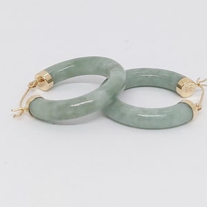 GREEN Jade Hoop 14k Yellow Gold Earrings / Natural Color Grade A Green Jade Hoop Earrings / Jade Hoop Earrings 14K yellow Gold.