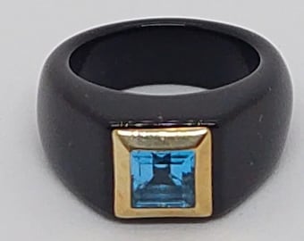 ブラックオニキス＆ホワイトトパーズリング、14Kソリッドイエロー