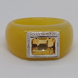 YELLOW Jade Faceted Citrine 14k White Gold diamonds Ring,Jade Ring,solid stone statement Ring for him or her Ring gemstone.Yellow Jade Ring.