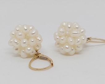 Multi Freshwater Pearl Ball Lever back Earring in 14k Solid Yellow Gold.